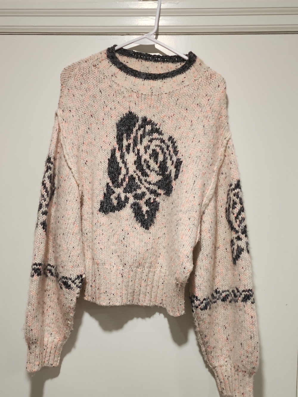 Kimchi Blue Pink Speckled Crewneck Sweater with Charcoal Rose Motifs